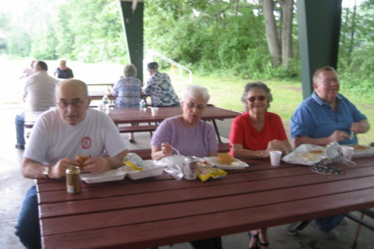 Four Seniors Eating at Picnic Table
