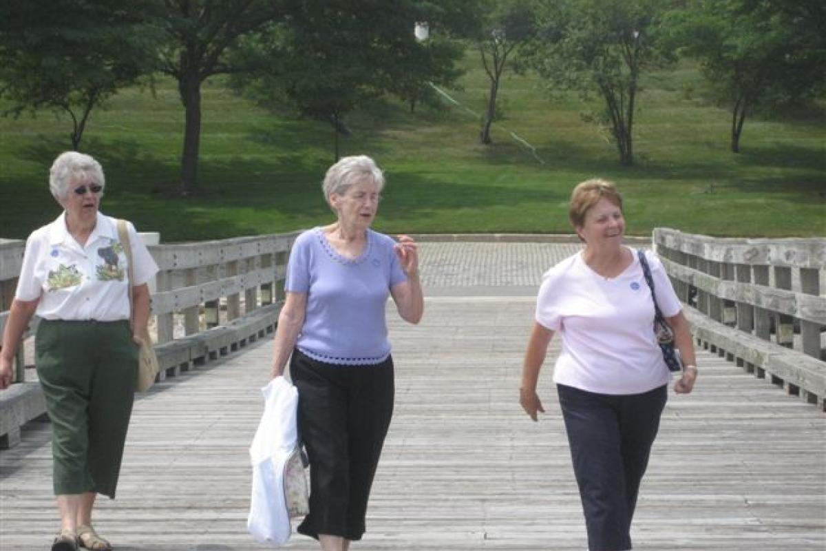 Three Women Walking on a Bridge