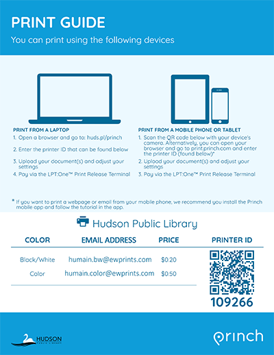 Instructions for printing remotely via Hudson Public Library