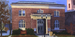 A watercolor painting of Hudson Public Library